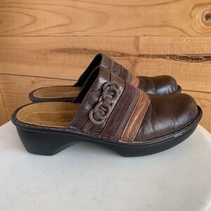 Naot Size Womens 38 Leather Clog Mules Striped Chain Accent Brown Chunky Comfort